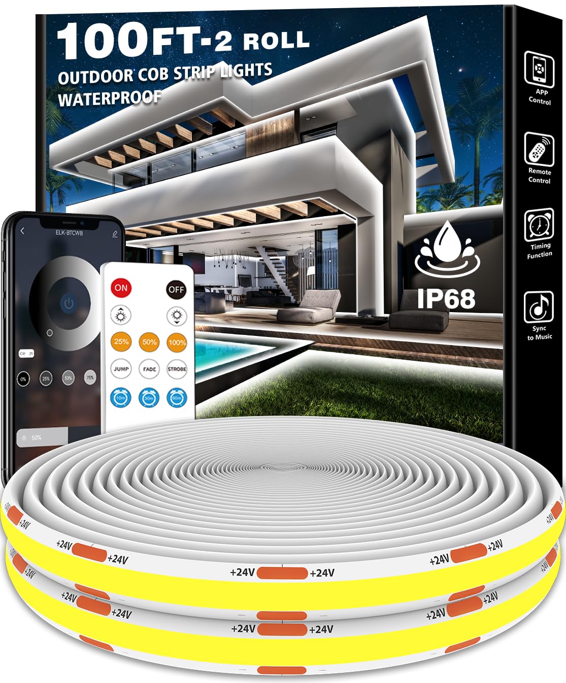 talkhigh 100ft COB LED Strip Lights Waterproof, Dimmable 6500K Bright White, IP68, App Control, Music Sync