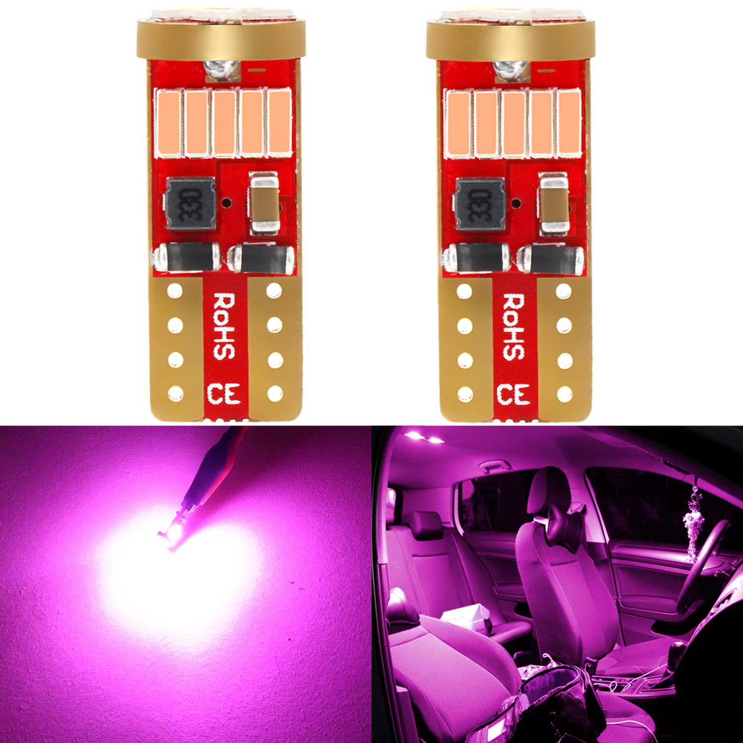Phinlion 194 Led Bulb Super Bright Purple Pink 4014 Chipsets Wedge 168 2825 175 T10 Led Replacement Bulbs For Car Interior Dome