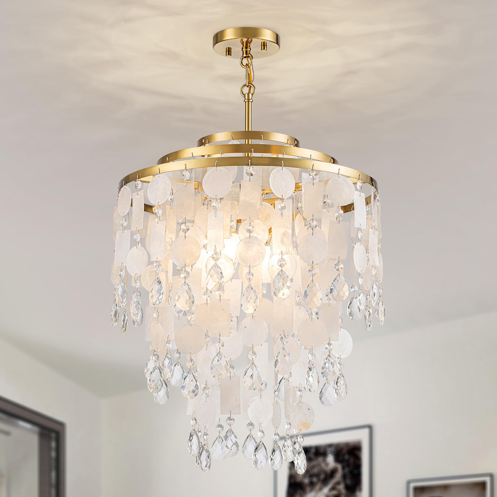 Lumfurn 4-Lights Capiz Shell Chandeliers, For Dining Room, Living Room, Bedroom, 3-Layer Modern Pendant Light Fixture D17.7 X H2