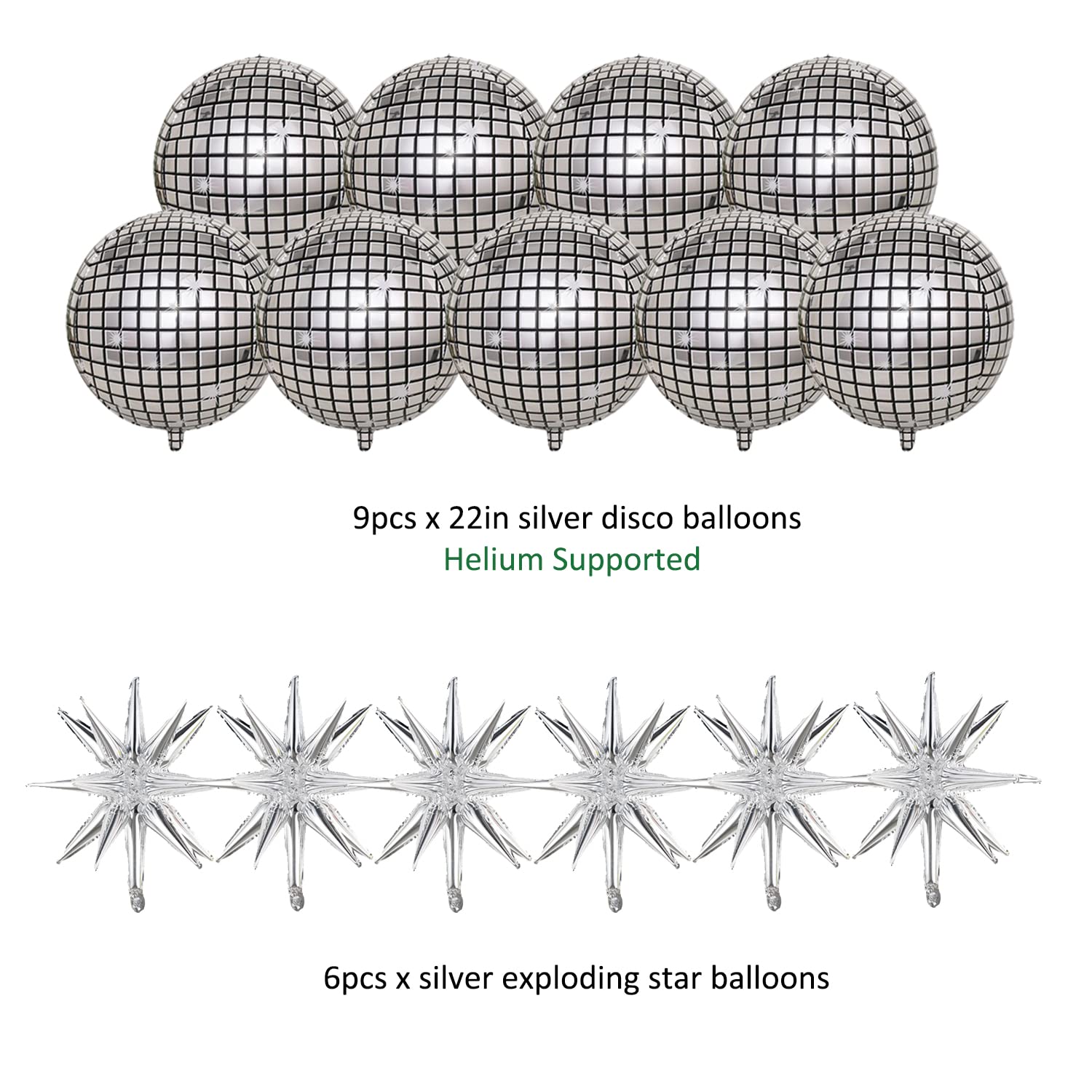 Finypa Disco Ball Balloons, 15 Pcs Aluminum Foil, Silver, 70s 80s 90s Theme Party Decorations, Model YBZX-15P