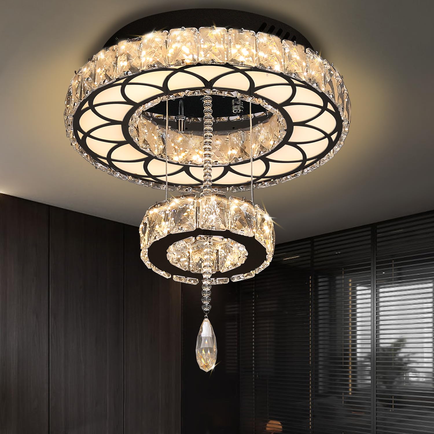 Flashing God 16" Crystal Chandelier Black LED Flush Mount Light for Living Room, Bedrooms, Dining Room - Dimmable 2700K/4500K/6000K