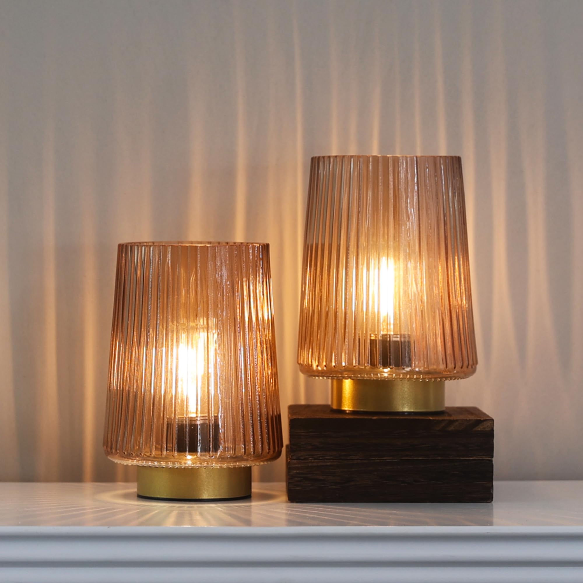 LUSHARBOR Battery Operated Table Lamp Set of 2, Amber Glass, Cozy Cordless Design for Bedside or Living Room
