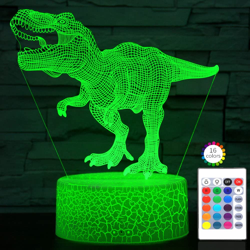 i-CHONY Dinosaur Toy T-Rex 3D Night Light for Kids - 16 Color Dimmable LED Light with Remote & Smart Touch & USB Cable - Gift fo
