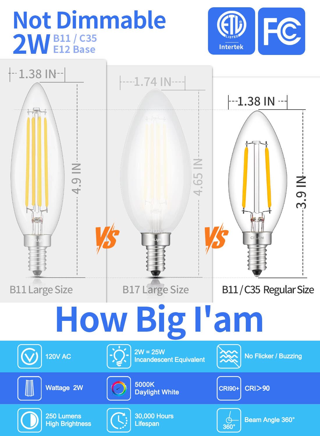 CRLight LED Candelabra Bulbs, 2W, 250 LM, Daylight White 5000K, E12 Vintage Edison, 12 Pack, Clear Glass