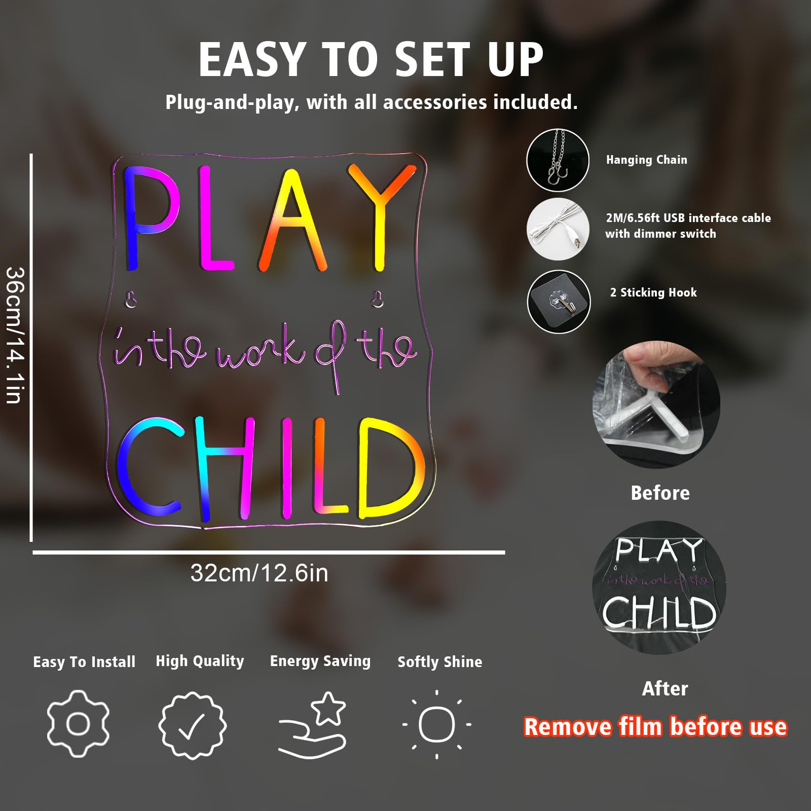 Jurong Led Rgb Dynamic Neon Sign For Wall Decor  Play Is The Work Of The Child  Usb Powered Dimmable  5V/2A  14.1In X12.6In For Home  Party  Gift  Office  Bedroom  Kids Room