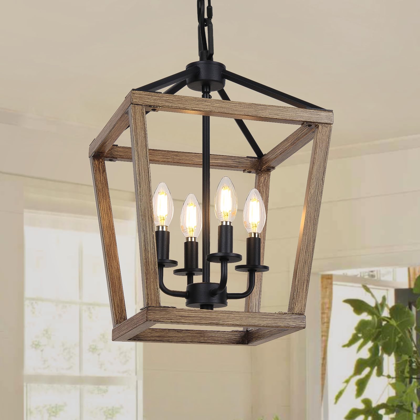 4 Light Farmhouse Chandelier, Rustic Ceiling Light Lantern Light Fixture with Wood Painted Metal Cage and Adjustable Chain, E12 