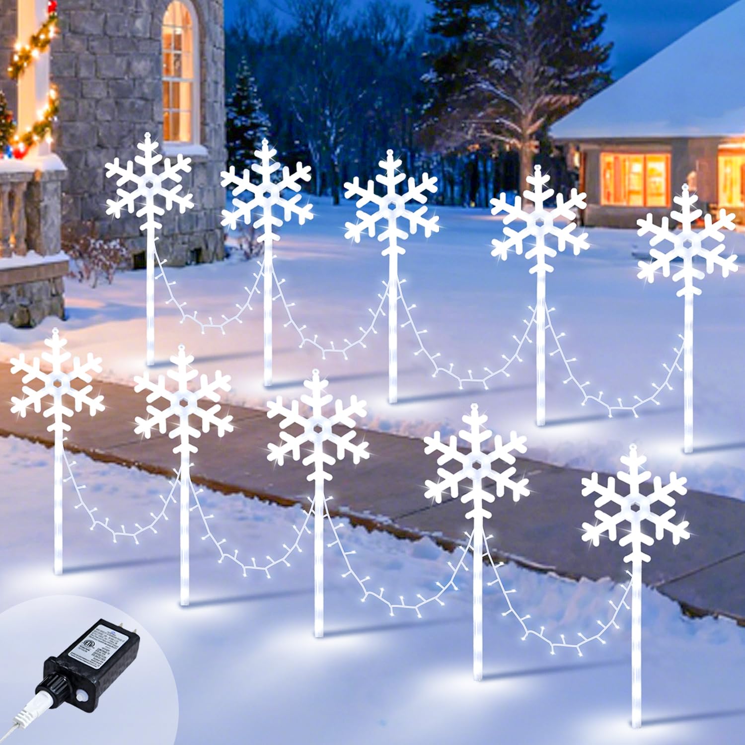PATYDEST Christmas Pathway Lights Waterproof 10 Pack White LED Snowflake Lights for Outdoor Garden Decorations