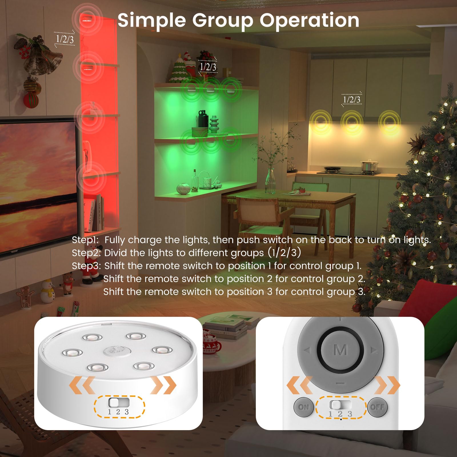 Rechargeable Under Cabinet Lighting Puck Lights With 2.4G Remote 2600Mah Sync And Groupable Color Changing Magnetic Stick On Tap