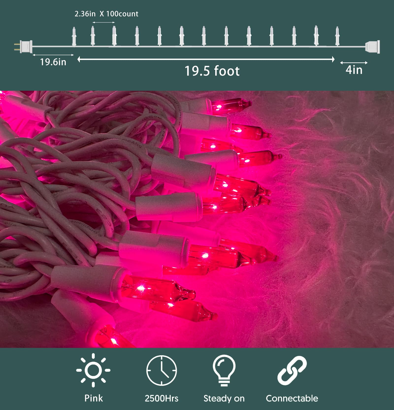 HISHINY Christmas Lights 100 Count Pink String Lights, 21ft White Wire, UL Certified for Indoor/Outdoor Use