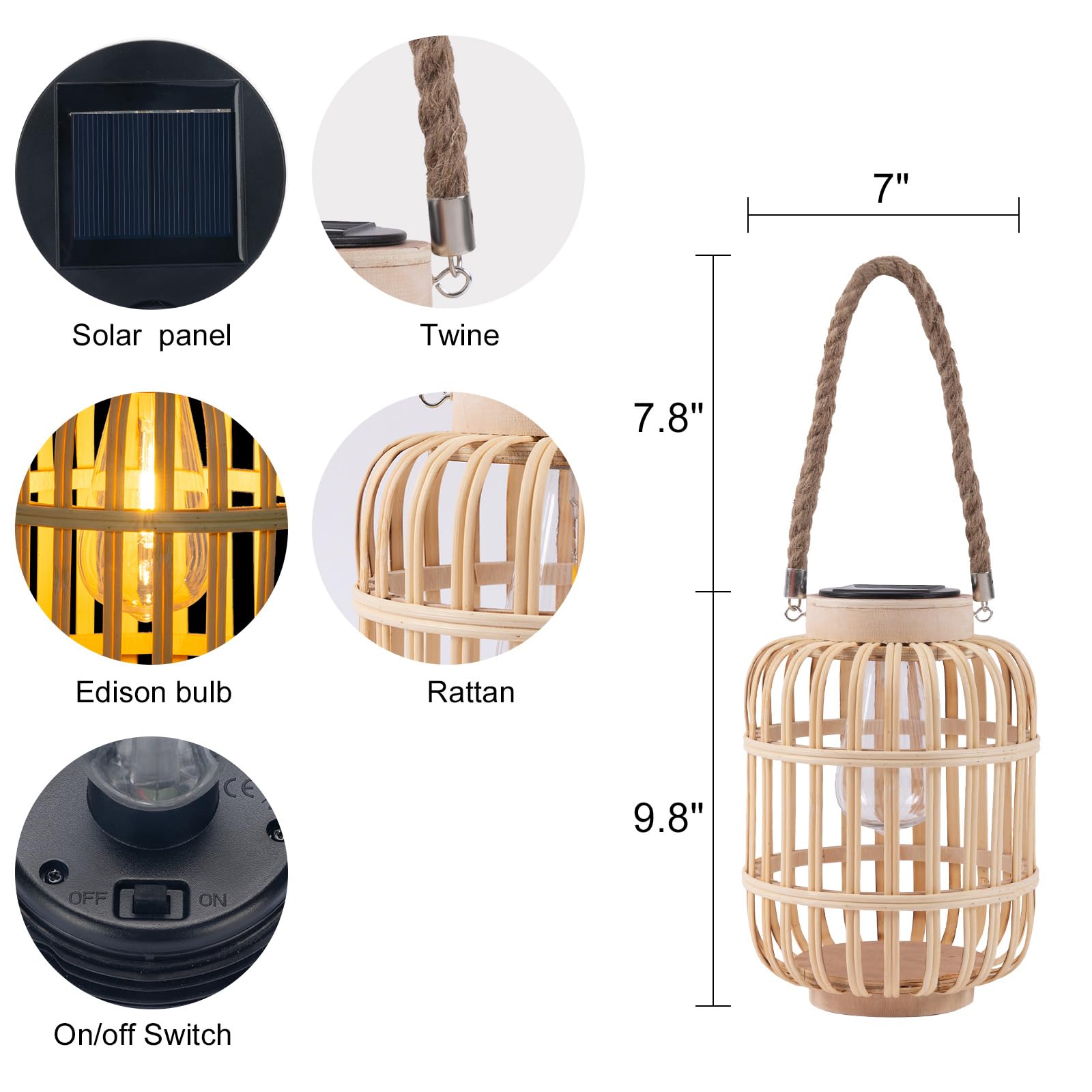 Pearlstar Outdoor Solar Lanterns Light Rattan Natural Lantern With Handle For Hanging Or Table Lamp For Patio Yard Garden Weddin