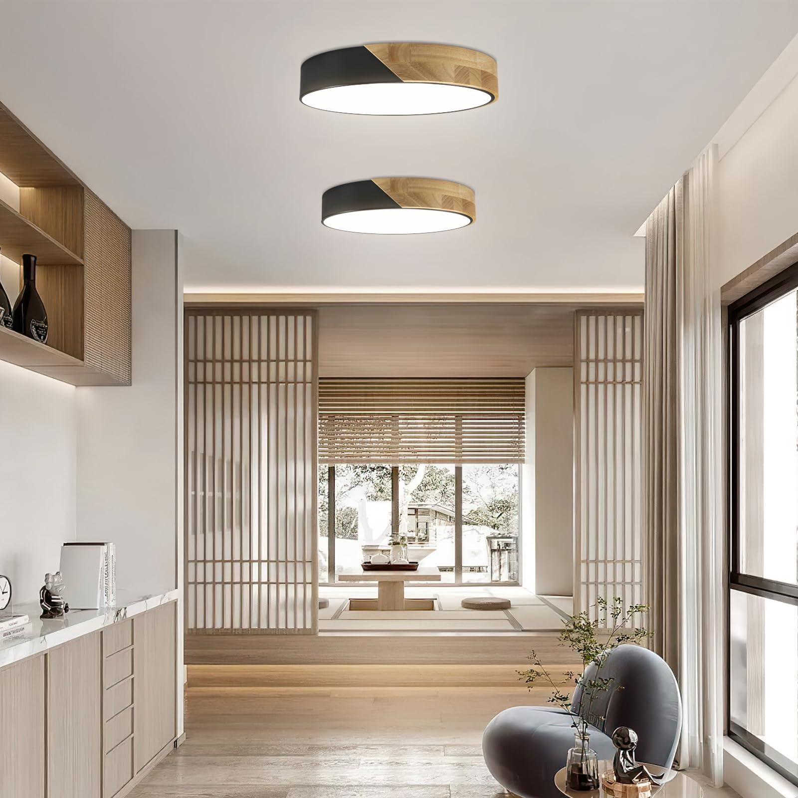 Ketom Modern Flush Mount Ceiling Light Fixture 12 Inch Led Ceiling Light, 24W Minimalist Round Shaped Wood Ceiling Lamp Natural White 4500K, Not Dimmable