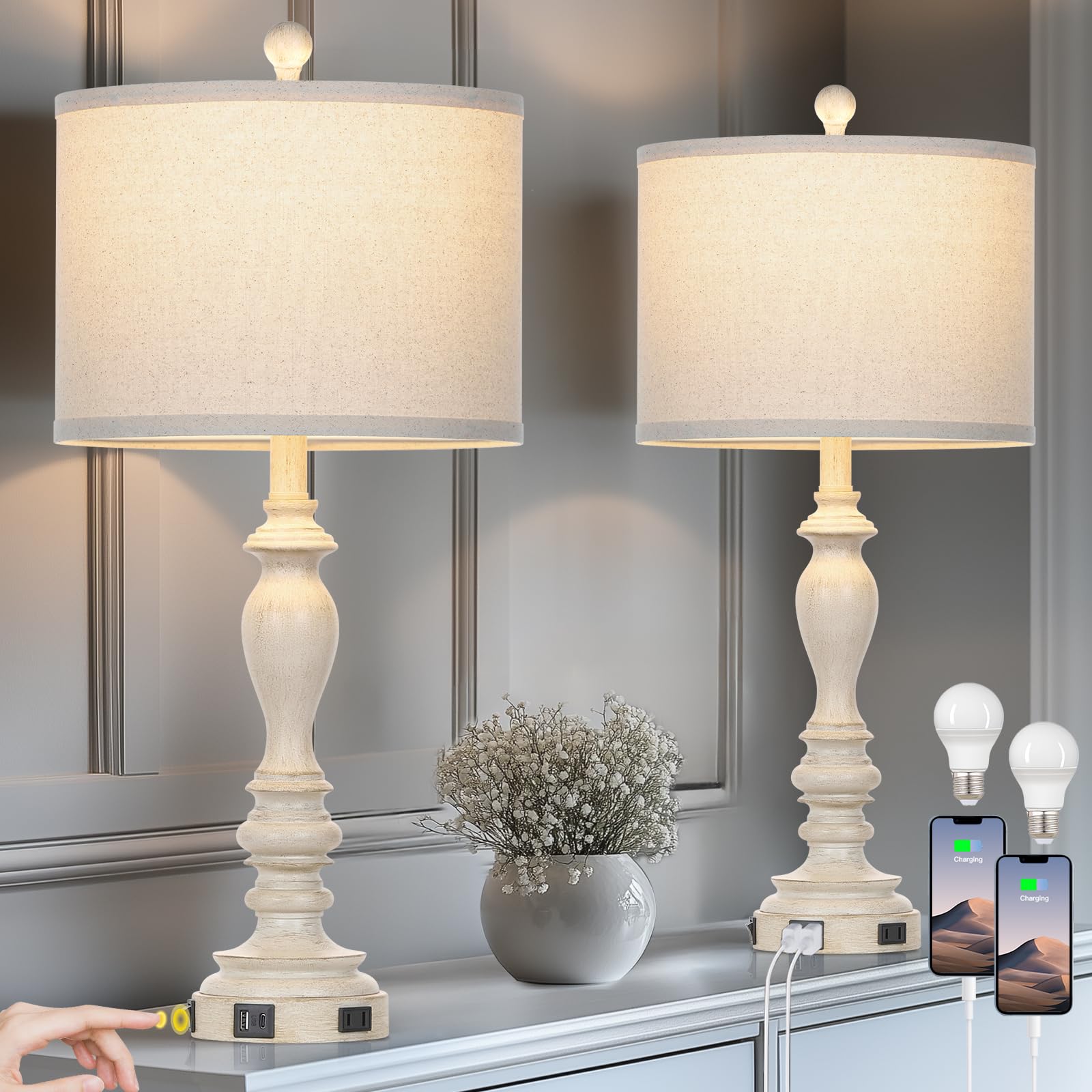 28'' Table Lamps With Usb C+A Ports & Ac Outlets, Farmhouse Rustic Table Lamps Set Of 2, Vintage End Table Nightstand Resin Beds