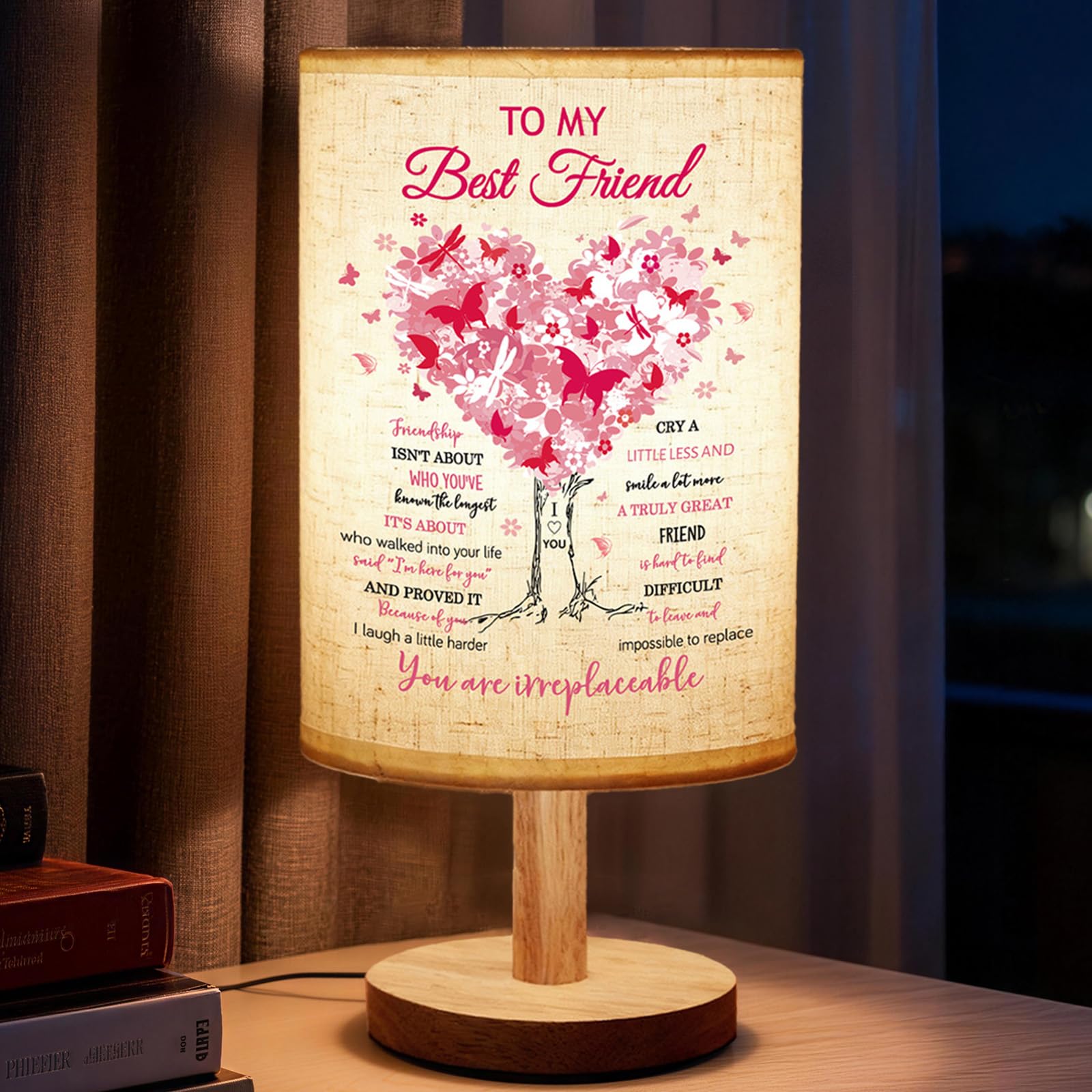 Calibron Friend Gifts for Women, Friendship Gifts for Women Fabric Lamp, Bestie Gift Table Lamp with Wooden Stand, Friend Birthd