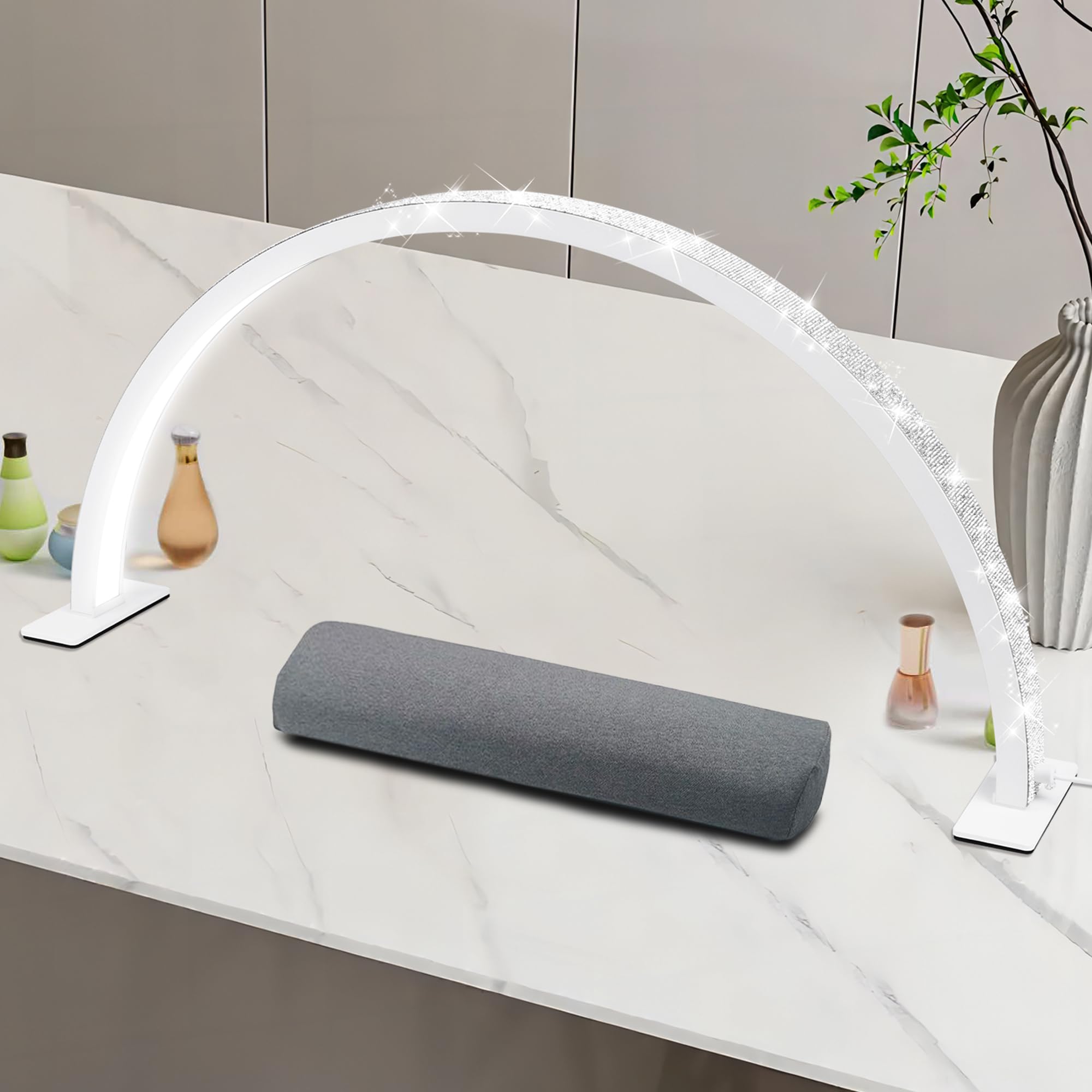 XXCFG 29in Half Moon Nail Desk Light, Adjustable 2700K-5600K, Silver Tattoo & Eyelash Lamp for Salon & Home, Crystal Diamond Design