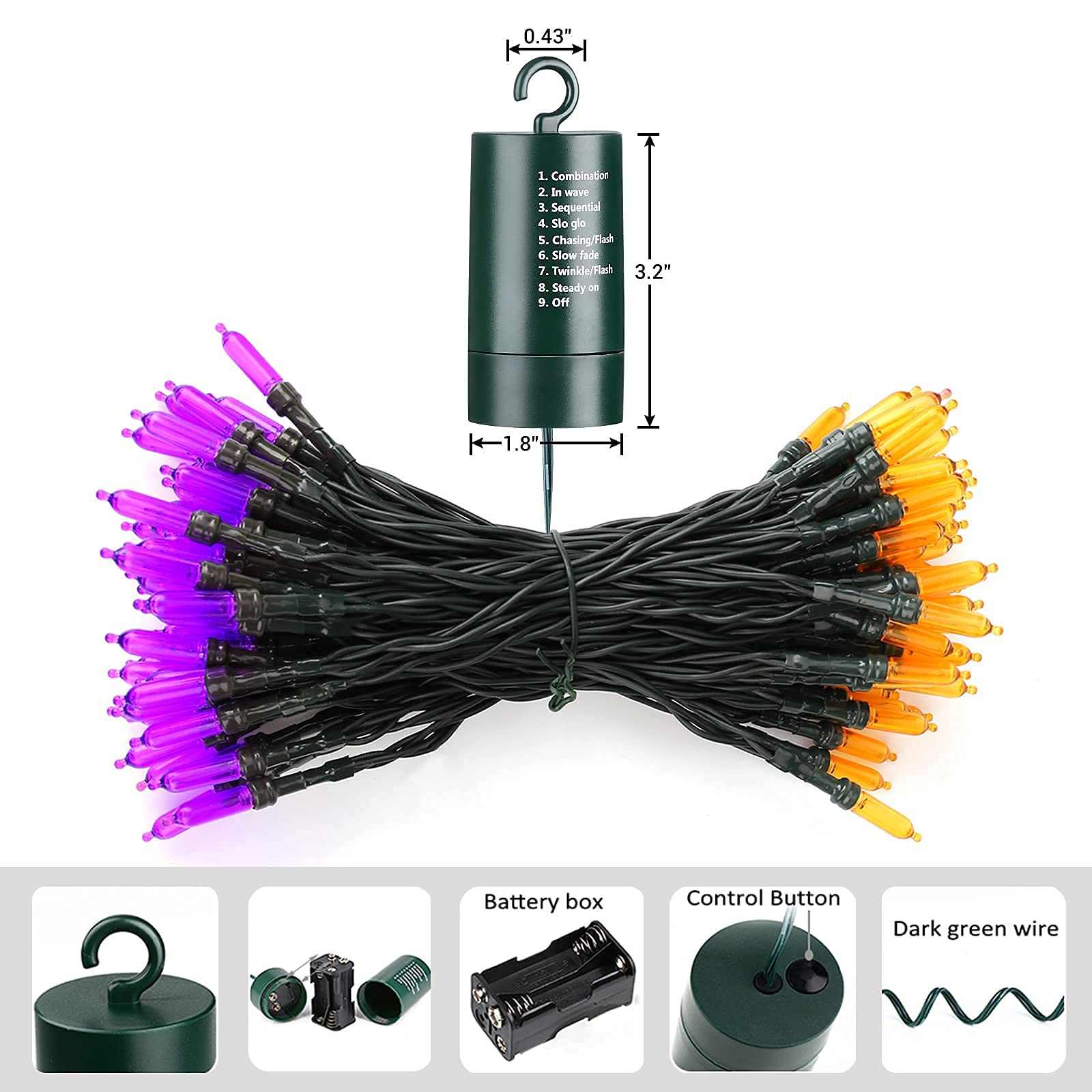 Flacchi Orange Purple Halloween String Lights 100 LED 33 ft Battery Operated String Lights Waterproof 8 Modes & Auto Timer Mini