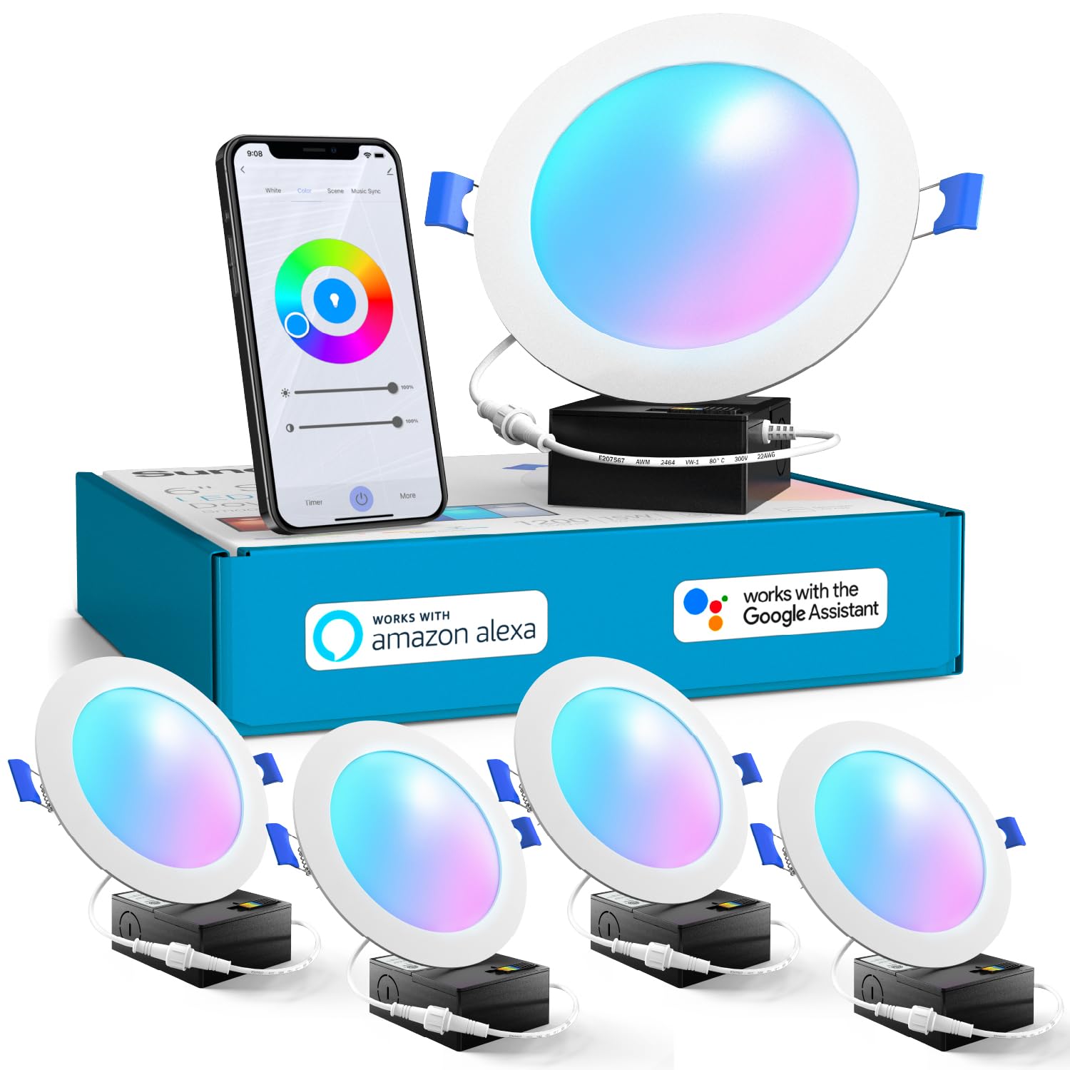 Sunco 4 Pack 6 Inch Smart Ultra Thin Led Recessed Ceiling Lights Slim, Rgb+5000K Daylight, Dimmable, 15W, Canless Wafer With Jun