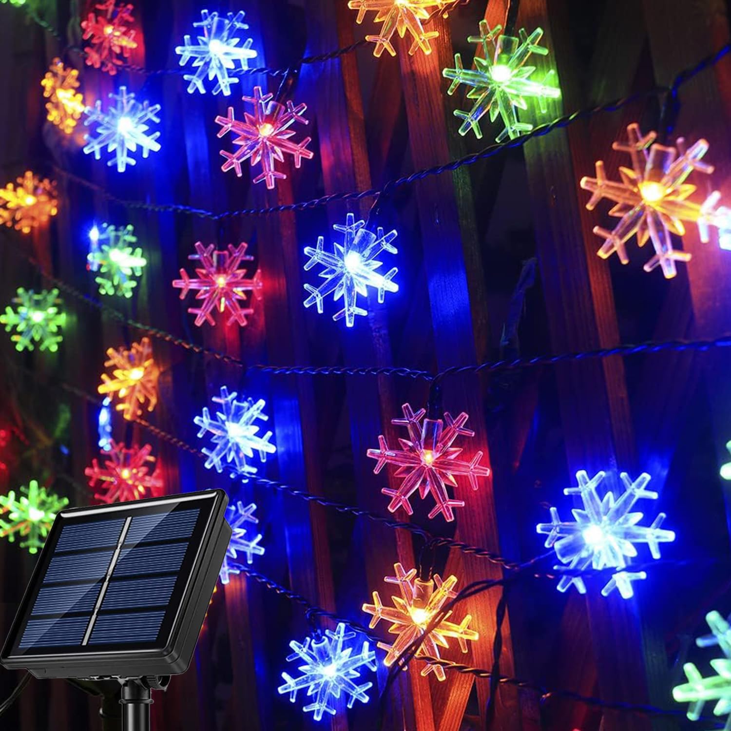 Mankinlu Snowflake Solar Christmas Lights, 31ft 50LEDs Waterproof Solar Christmas Snowflake String Lights for Parties, Garden, O