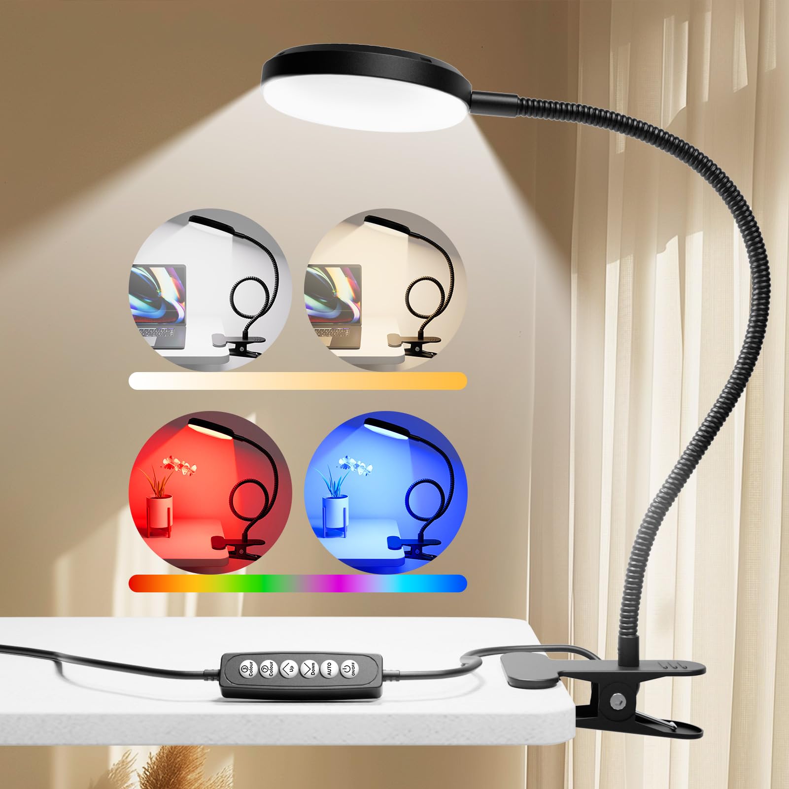 Reifeiniwei Desk Lamp with Clamp-10W,2-in-1 with RGB Ambient Light & Warm White Light,Book Reading Light Color Changeable/Flexib
