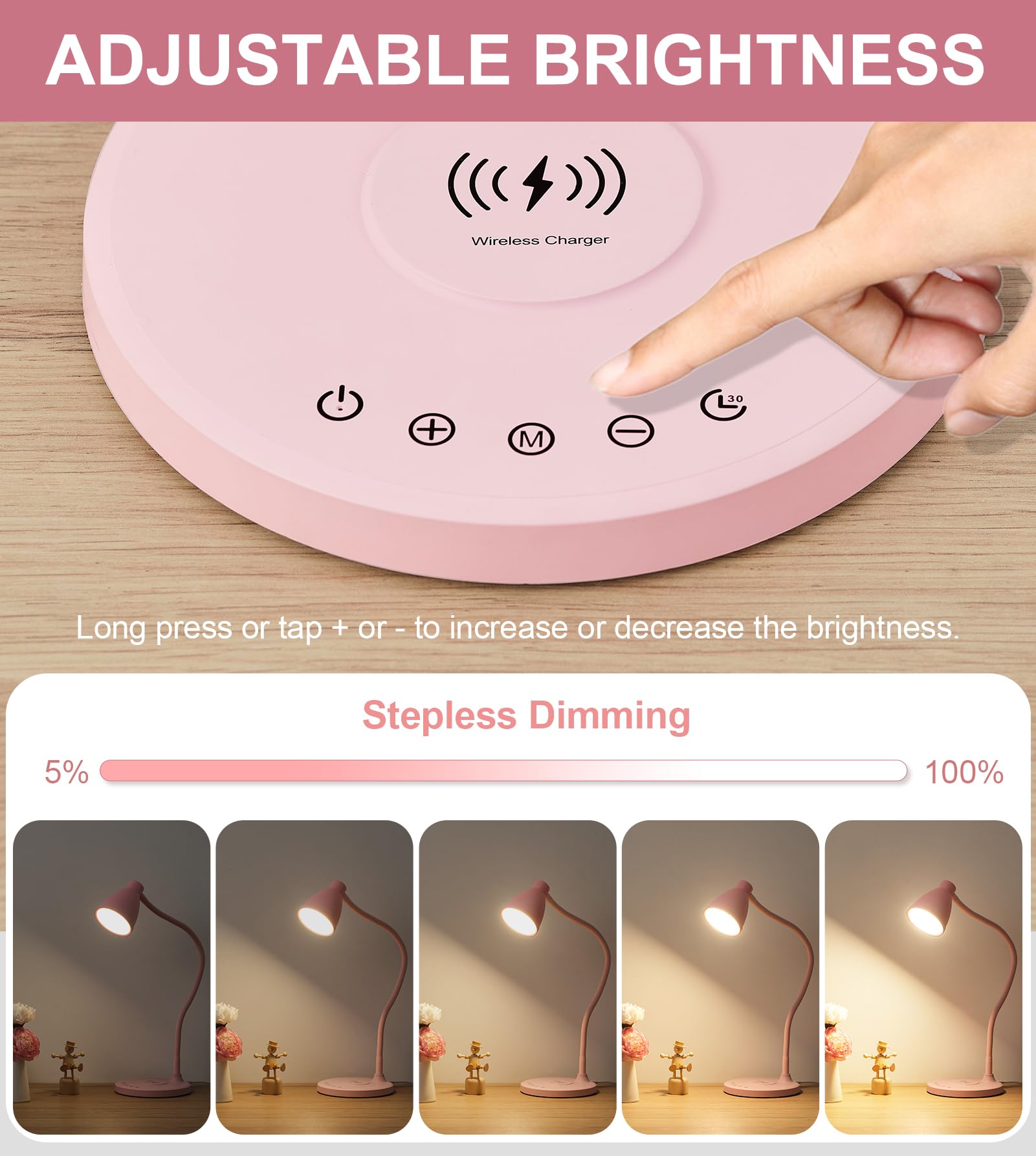 Bohon Cute Desk Lamp With Usb C+A Charging Ports, Wireless Charger Pink Lamp, 5 Colors Stepless Dimming Reading Light, Touch Bed