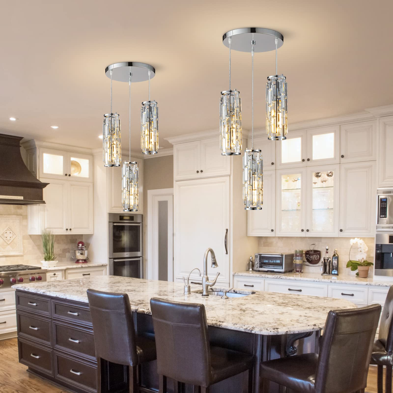 Lmqnine 3 Light Chrome Pendant Lighting Modern Pendant Light, Mini Crystal Chandeliers,Adjustable Pendant Light Fixture For Kitc