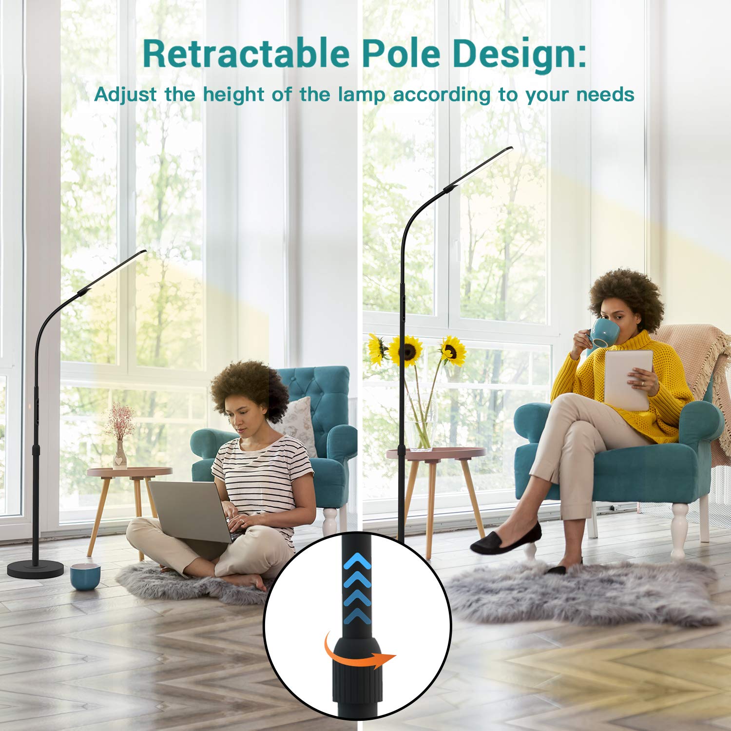 Nxone Adjustable Led Floor Lamp, Black, Modern Reading Light With 4 Colors & Stepless Brightness
