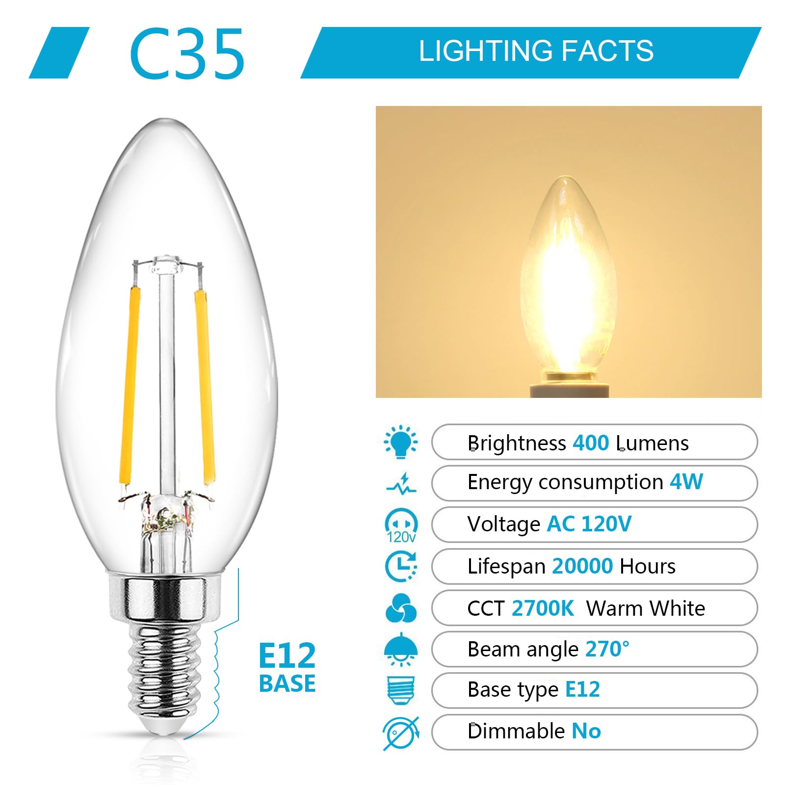 Ascher Classic E12 Led Candelabra Light Bulb 4W, Equivalent 40W, Warm White 2700K, Non-Dimmable, Clear Glass Filament Chandelier