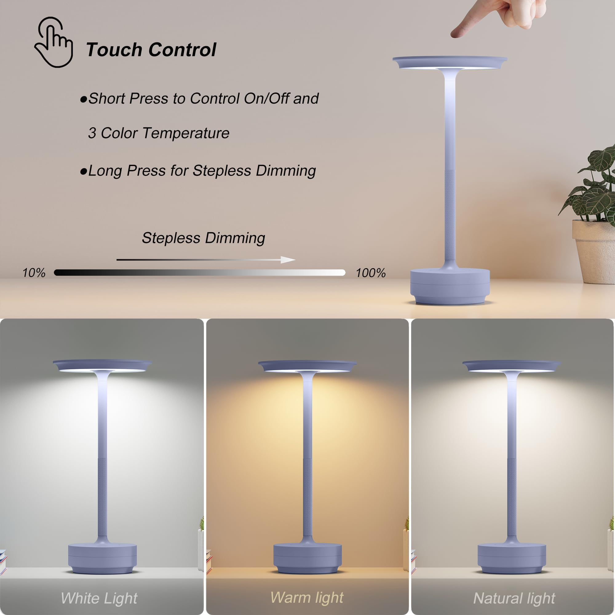 TBBGA Rechargeable Cordless Table Lamps, 5000mAh, 3 Color Dimming, Aluminum, Light Purple, Model T106C, 2 Pack