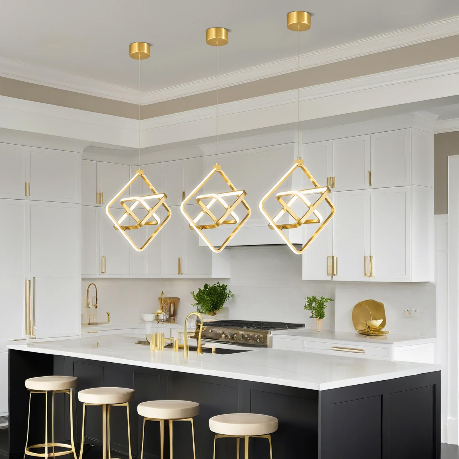 Bnhhlz Modern Led Pendant Light Gold Pendant Lights 4000K 35W Dimmable Height Adjustable Pendant Lighting Rectangle Chandelier For Kitchen Island Dining Room Bedroom Living Room Foyer(3-Ring)