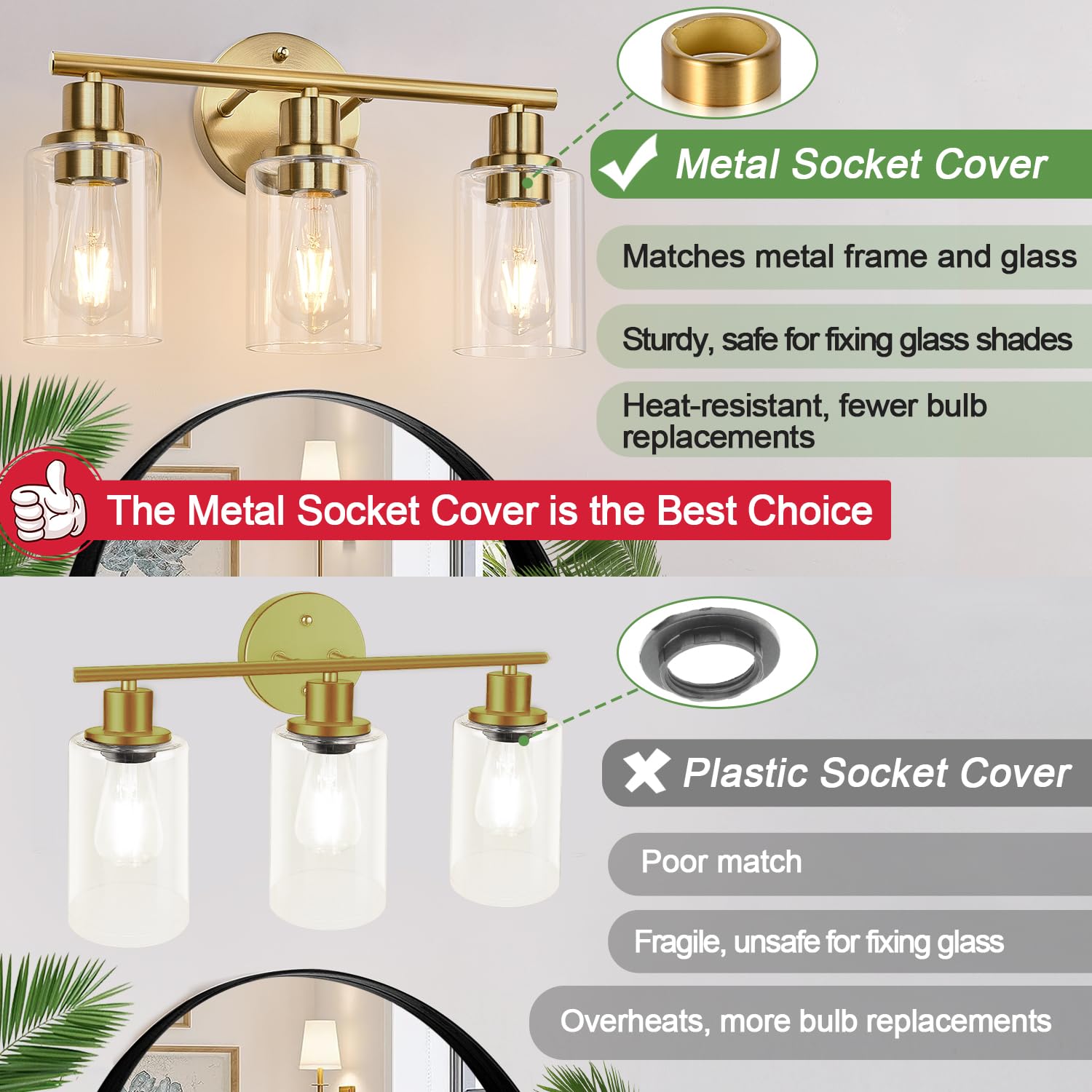 Zarbitta 3-Light Gold Bathroom Vanity Light Fixture, Brushed Brass with Clear Glass Shade, Modern Wall Mount for Mirror, Kitchen, Bedroom