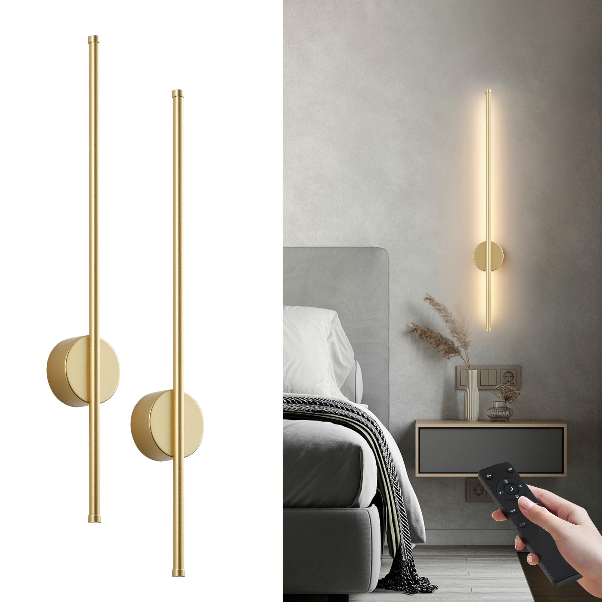 Battery Operated Modern Wall Sconces Dimmable Wireless Wall Light Set of Two with Remote Control 3 Color Temperatures Rechargeable LED Wall Sconce for Bedroom Living Room Hallway 27.6 Inch Matte Gold