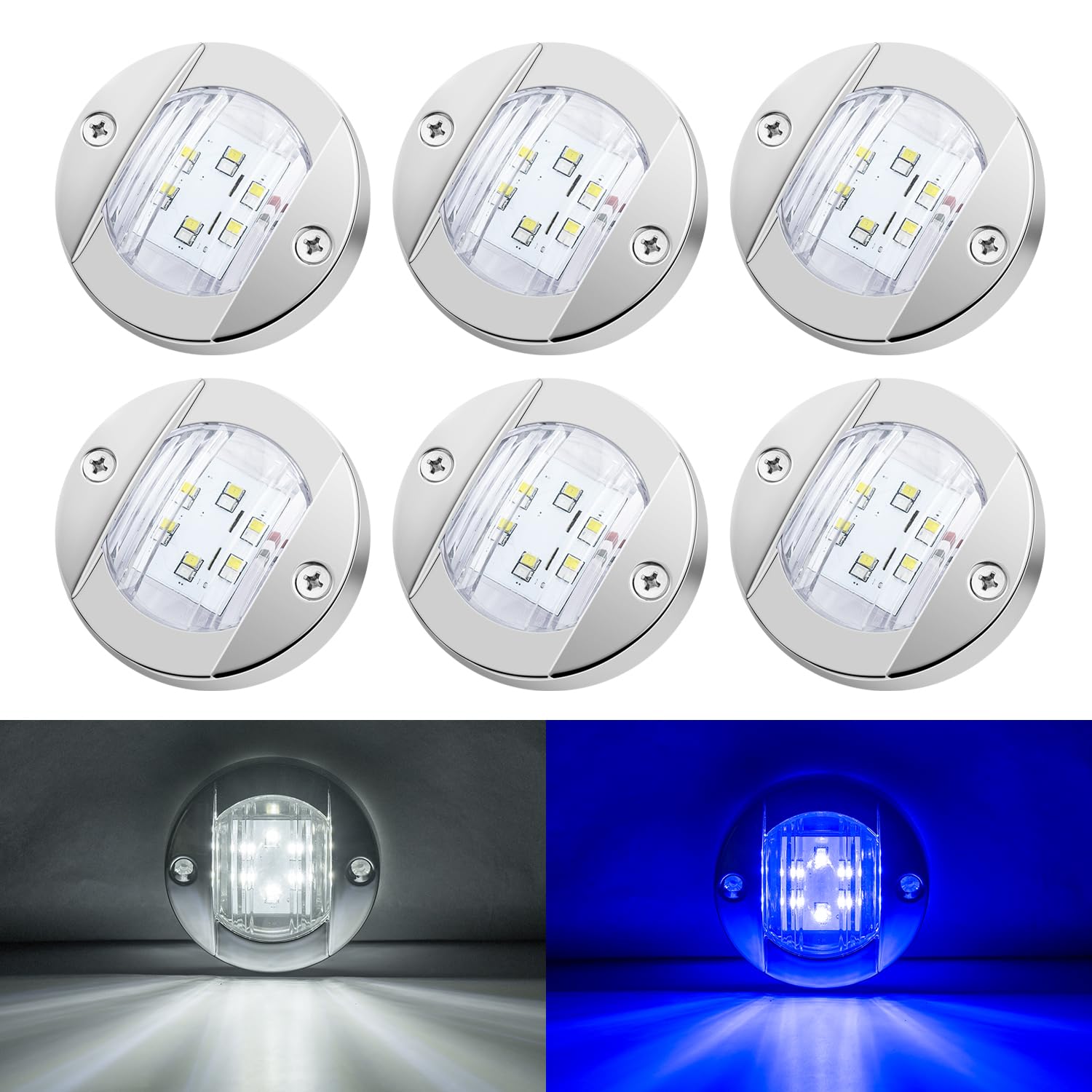 KEING 6 Pcs Marine Boat LED Cabin Deck Lights 12V DC White/Blue SRY098-WHITE-BLUE for Kayak, Dinghy, Sailboat, Fishing