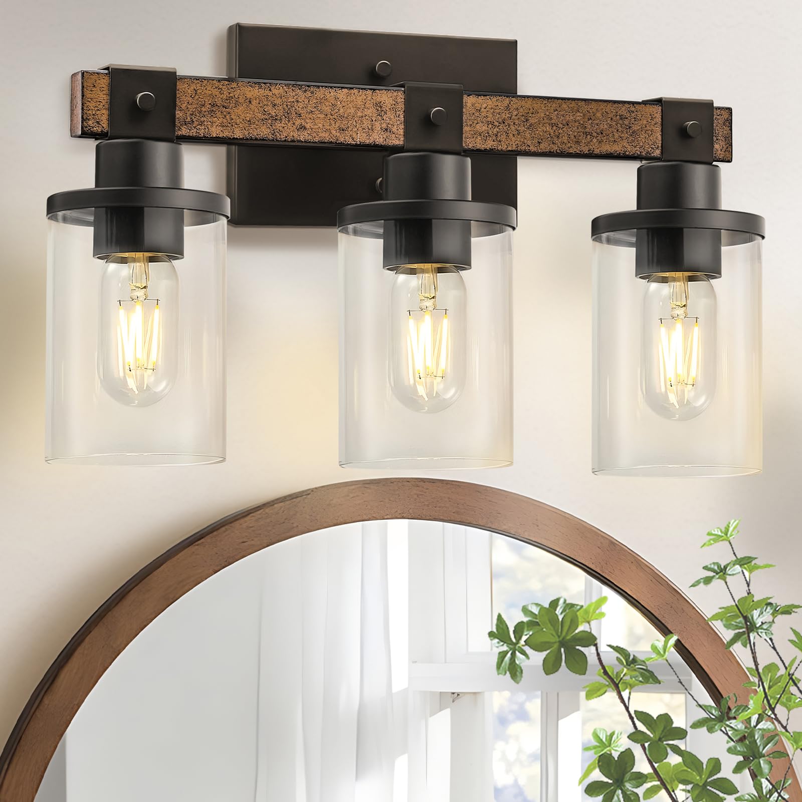 Goebleson 3-Light Rustic Bathroom Light Fixture With Glass Shade, E26 Base Vanity Lights