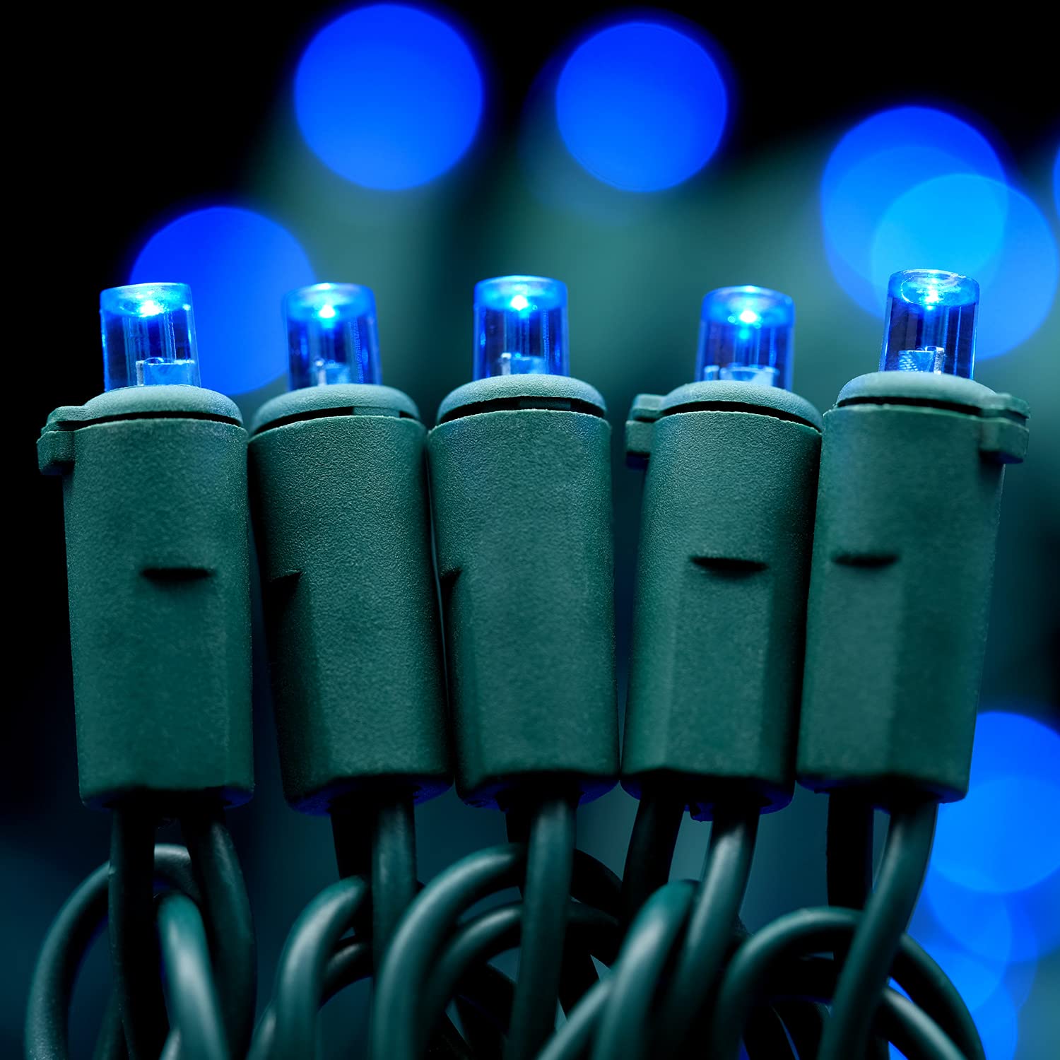 YULETIME 200 Blue LED Christmas Lights, 66ft Green Wire, UL Certified, 5mm Bulbs, Model BMD-L-200E/4F