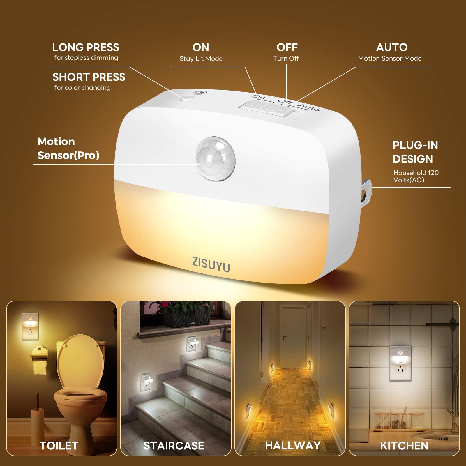 ZISUYU Plug-in LED Night Light, Motion Sensor, Dimmable, 6 Pack, Cool White, Model ZU07