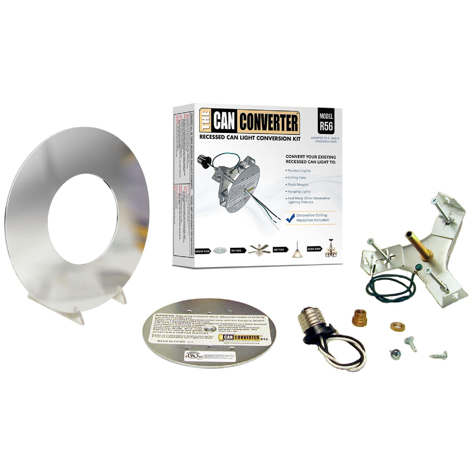 The Can Converter - R56, Recessed Can Light Conversion Kit, For Ceiling Light Fixture, Pendant Light, Hanging Light, Ceiling Fan, With 7’¾ Inch Flat, Steel, Ceiling Medallion, Polished Chrome