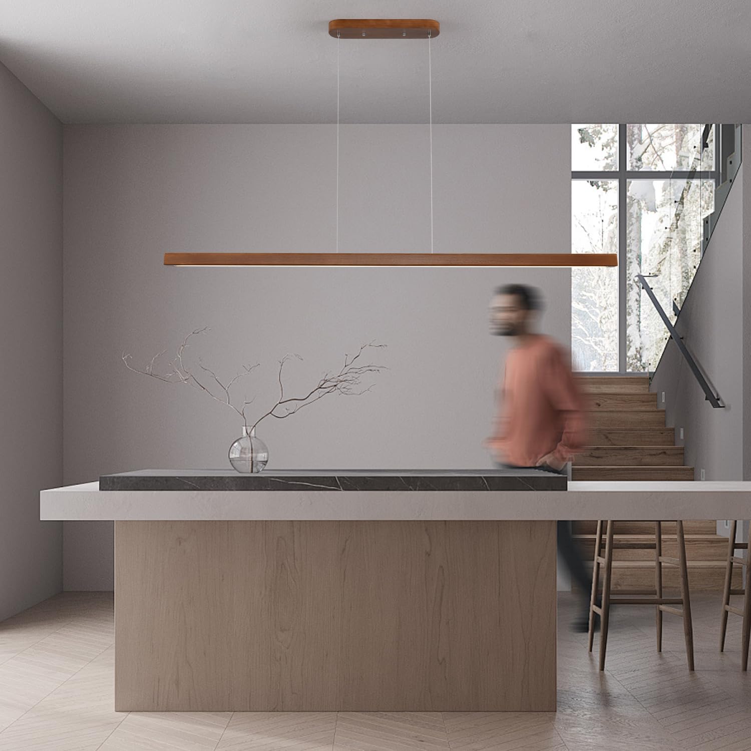 Yisdesign 59 Wood Linear Pendant Light Fixtures Modern Led 40W Dimmable Pendant Lighting Kitchen Island Lighting Ceiling Hanging Farmhouse Chandeliers For Dining Room Pool Table Walnut Color