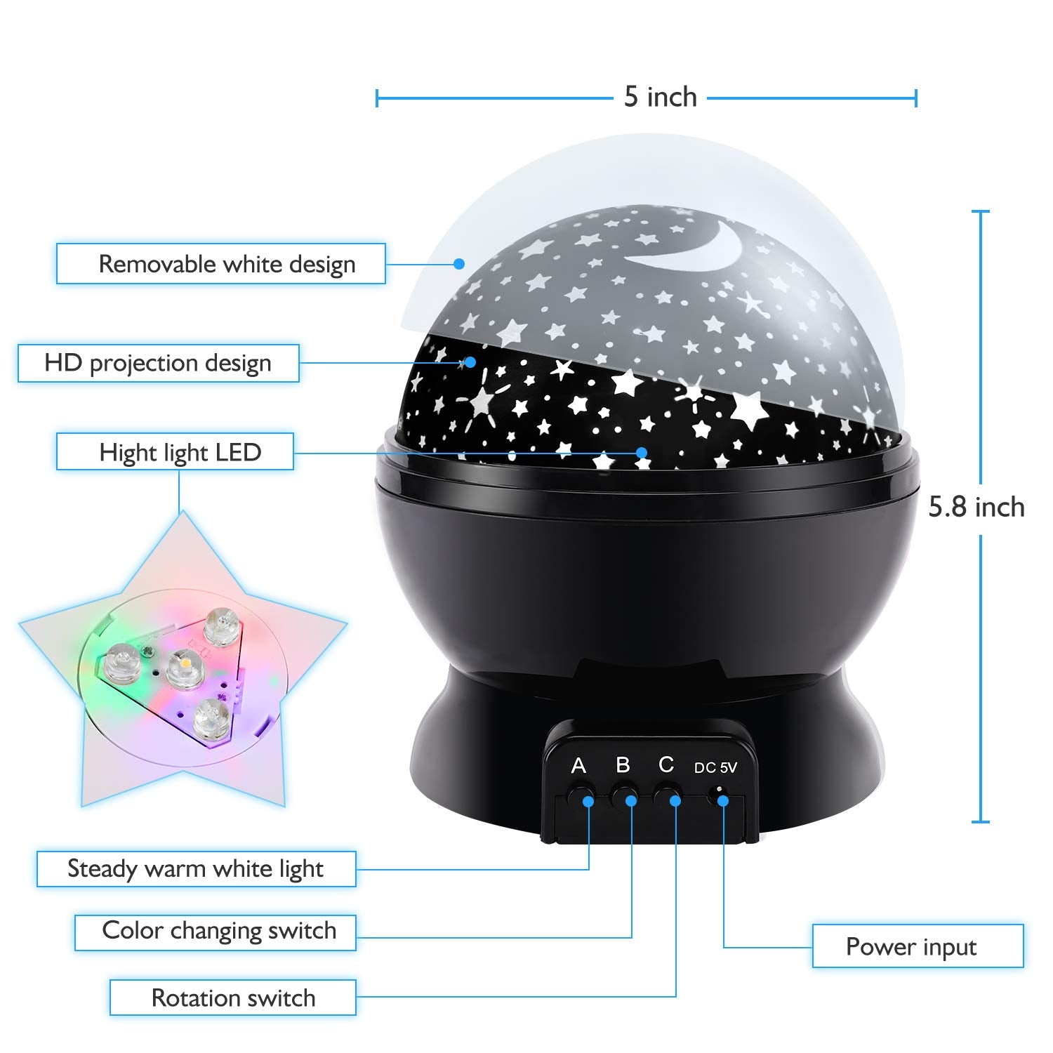 RICTLY Star Night Light Projector, 360° Rotation, 12 Color LED, USB Cable, Black, Model 012-1361