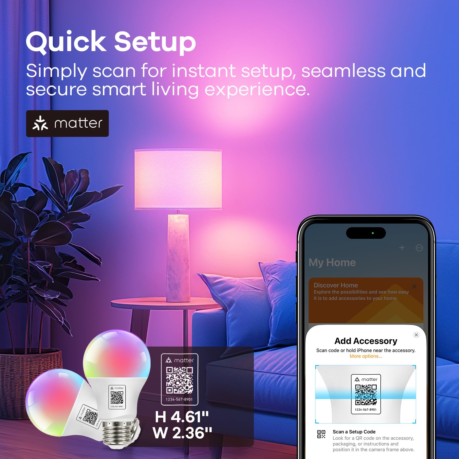 OREiN Smart Light Bulb, 1100 Lumens, A19 2-Pack, Multi-colored, Compatible with Apple Home, Alexa, Google Home, 2.4GHz WiFi