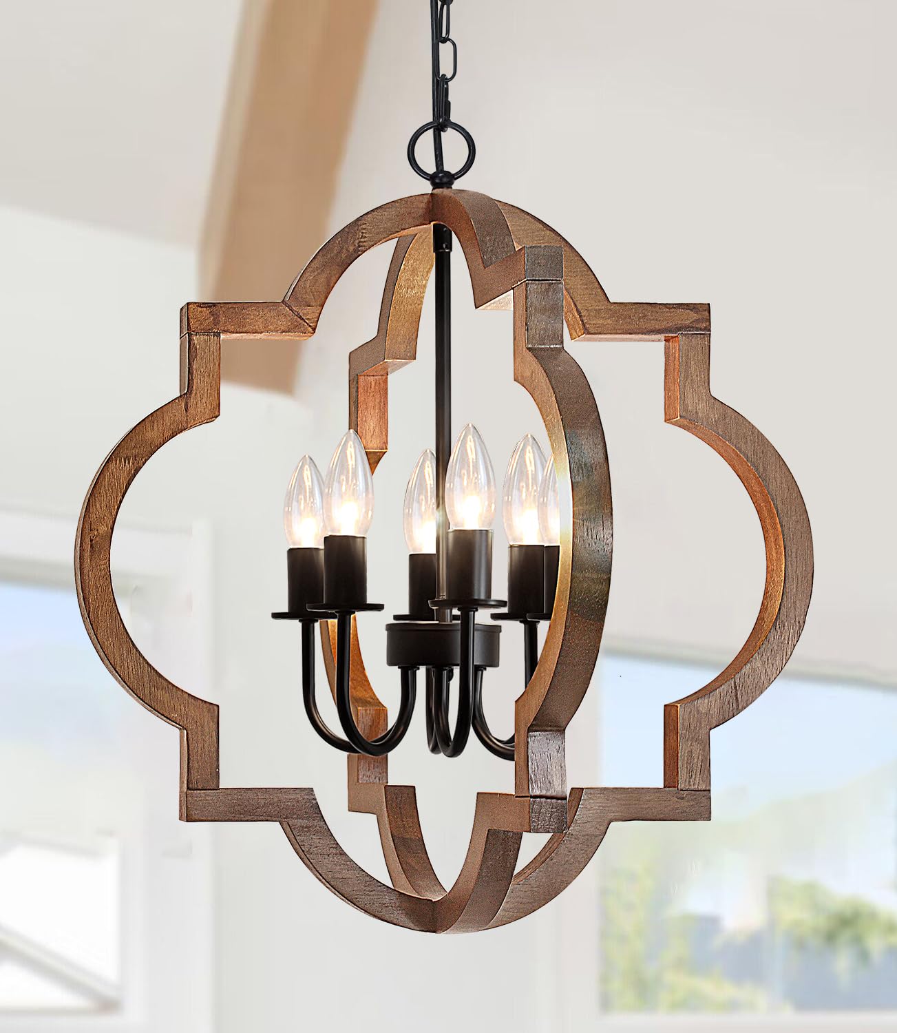 Rviezza 21.65'' Farmhouse Wood Chandelier, 6-Light Rustic Dining Room Light Fixture, Orb Chandelier Light Adjustable Height, Woo