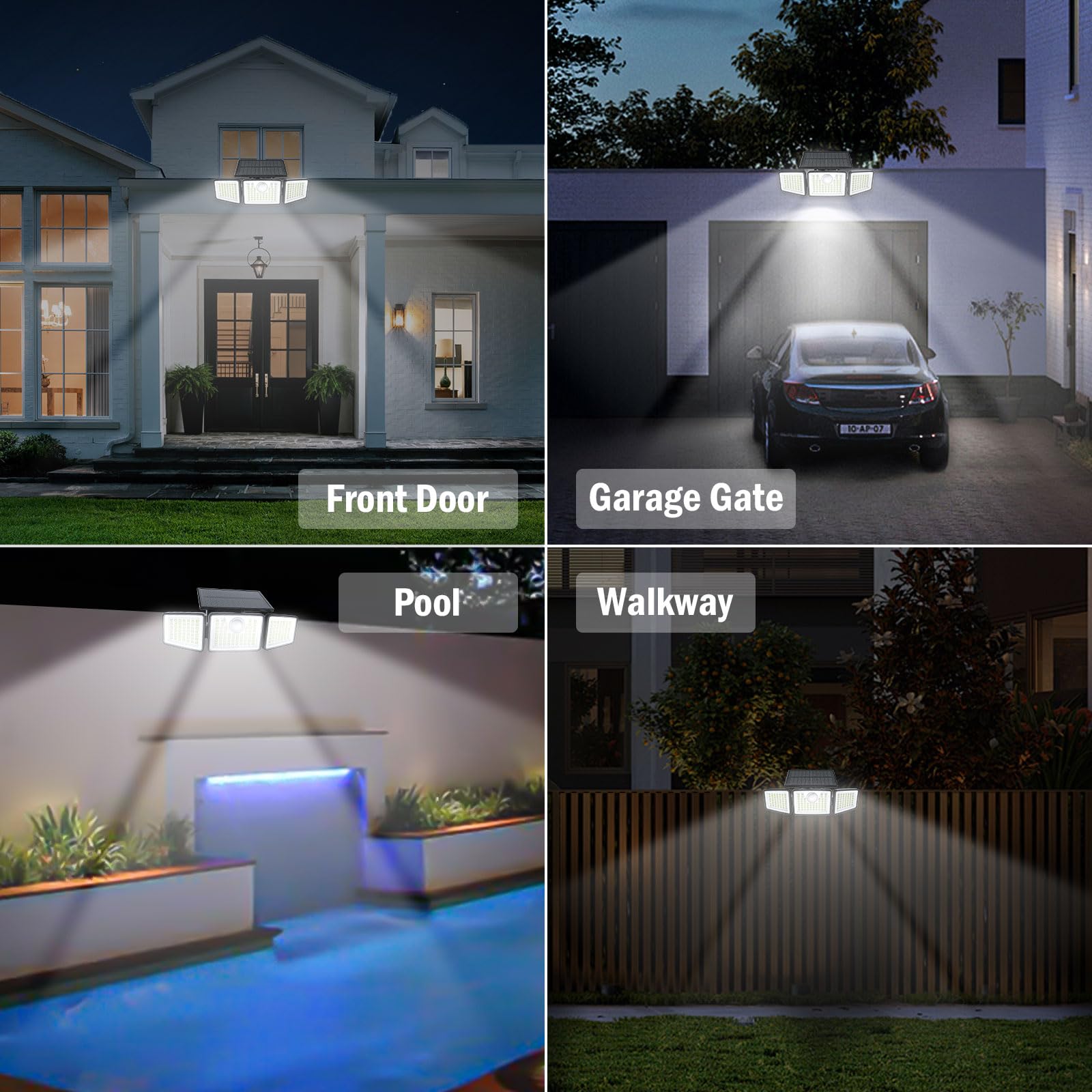 daphino 2500LM Solar Lights Outdoor, 3 Head 270° Motion Sensor, IP65 Waterproof, Remote, 4 Pcs, Black
