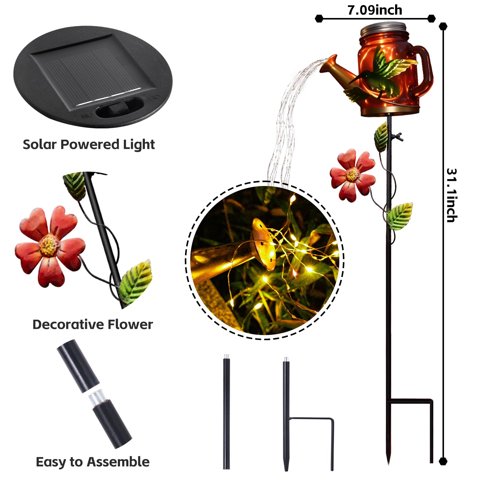 Srnpmiu Solar Watering Can Light, Yard Outdoor Decor Lights, Ip65 Waterproof, Hanging Hummingbird Garden Light, Outside Garden F