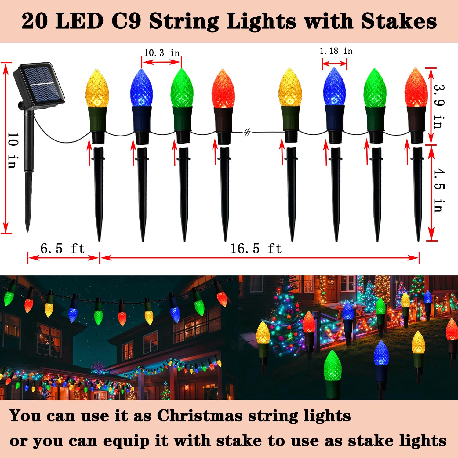 Solar Christmas Pathway Lights Outdoor, 20 Led C9 Christmas Lights With 20 Stakes, 23Ft Solar Christmas Decorations Strawberry S