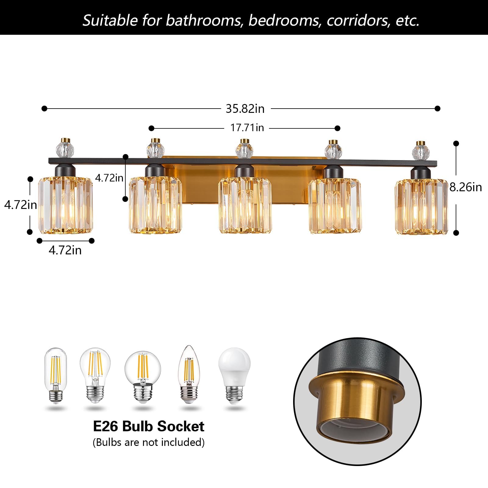 FDPBY 5-Light Black Gold Crystal Bathroom Vanity Light Fixtures Model 291 Metal Over Mirror
