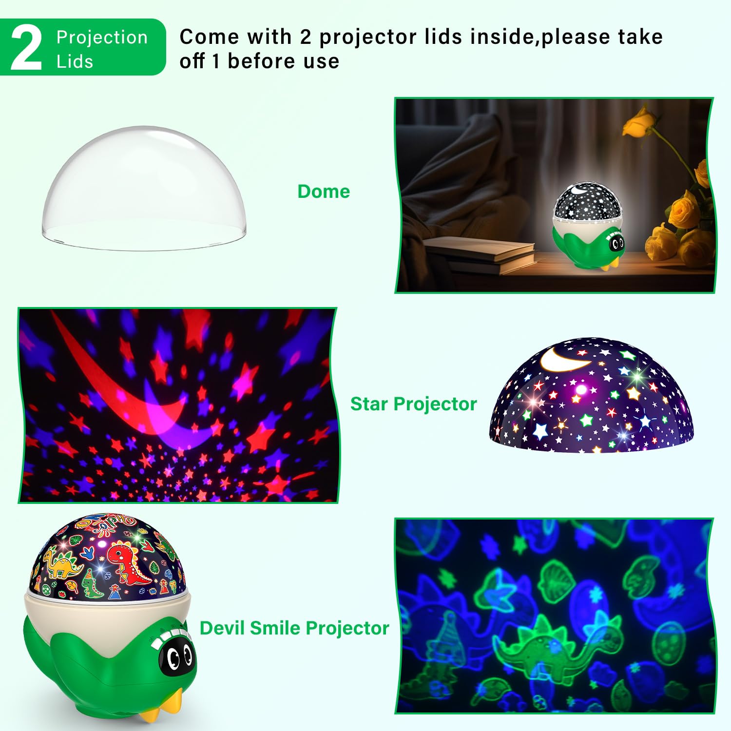 MOKOQI Dinosaur Night Light Projector for Kids, Green-Dino, Remote Control, 10 Soothing Music, Model 012-1361B