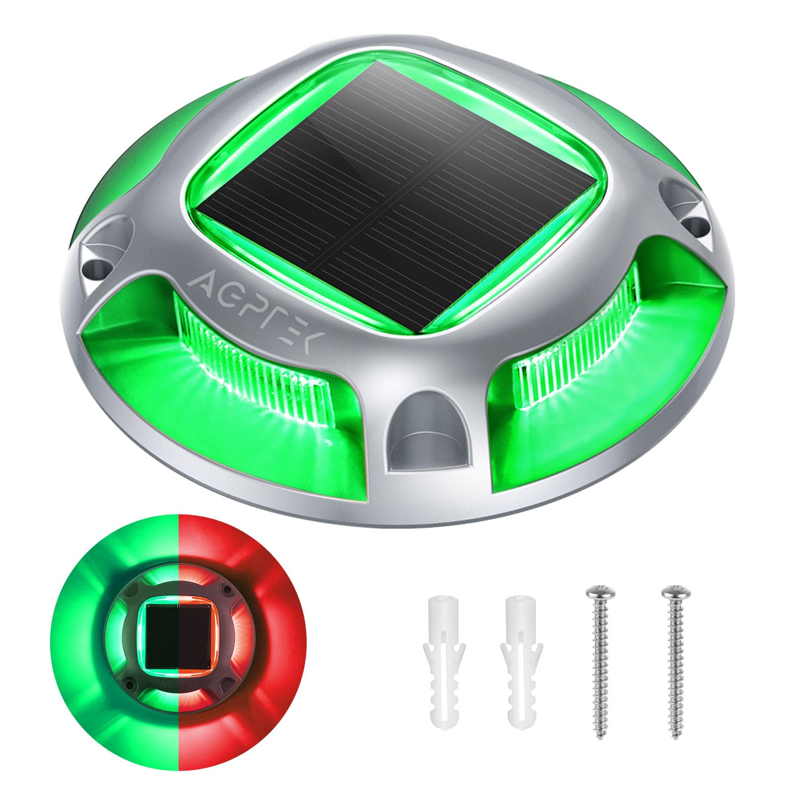 Agptek Solar Driveway Lights Outdoor 1 Pack  2 Color Modes Led Deck Dock Marine Waterproof Security Marker Lights For Step Sidewalk Stair Garden Pathway Walkway Yard(Green/Red)