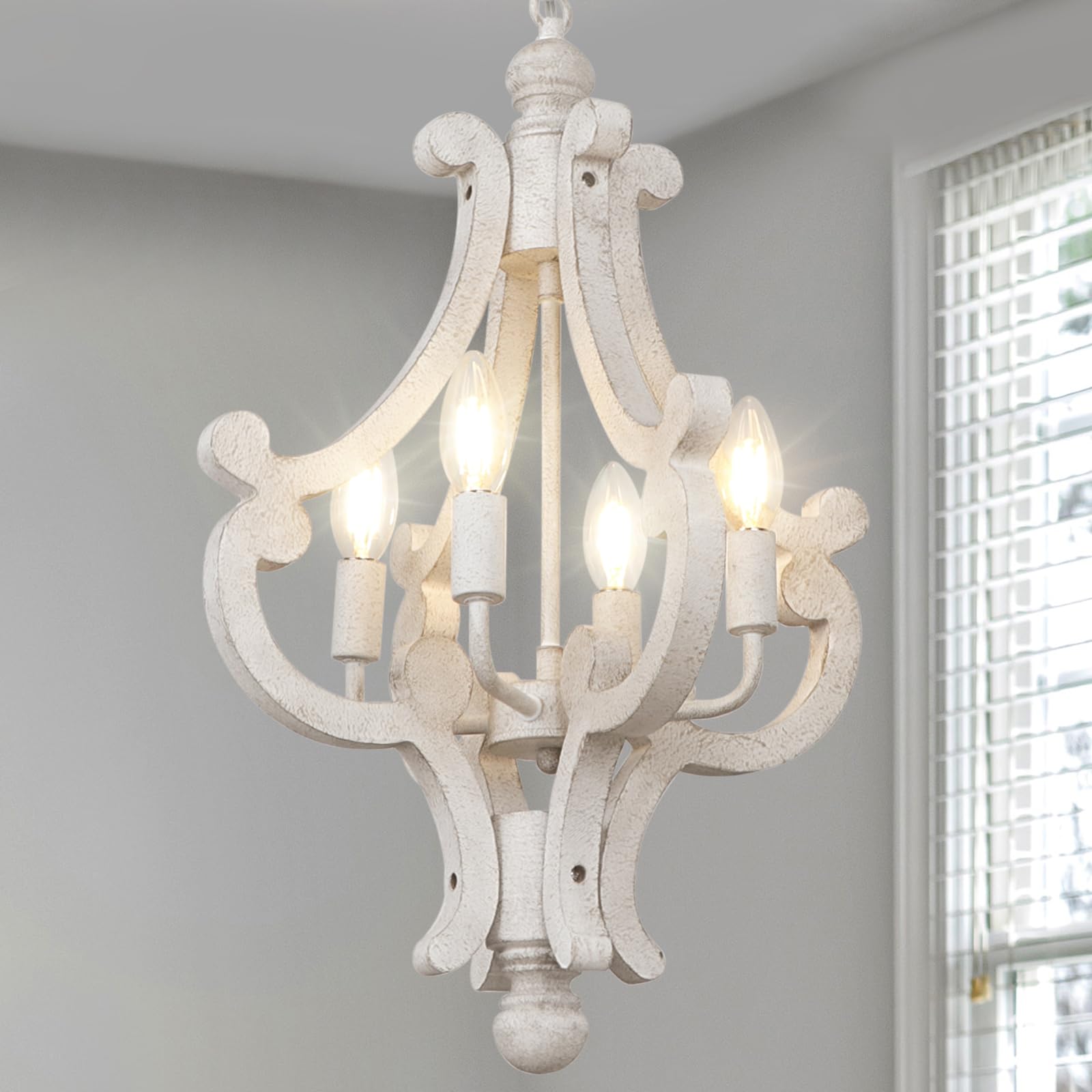 Kmaipem French Country Chandelier, 4-Light Rustic Farmhouse Distressed White Chandeliers For Dining Room, Modern Wood Kitchen Li