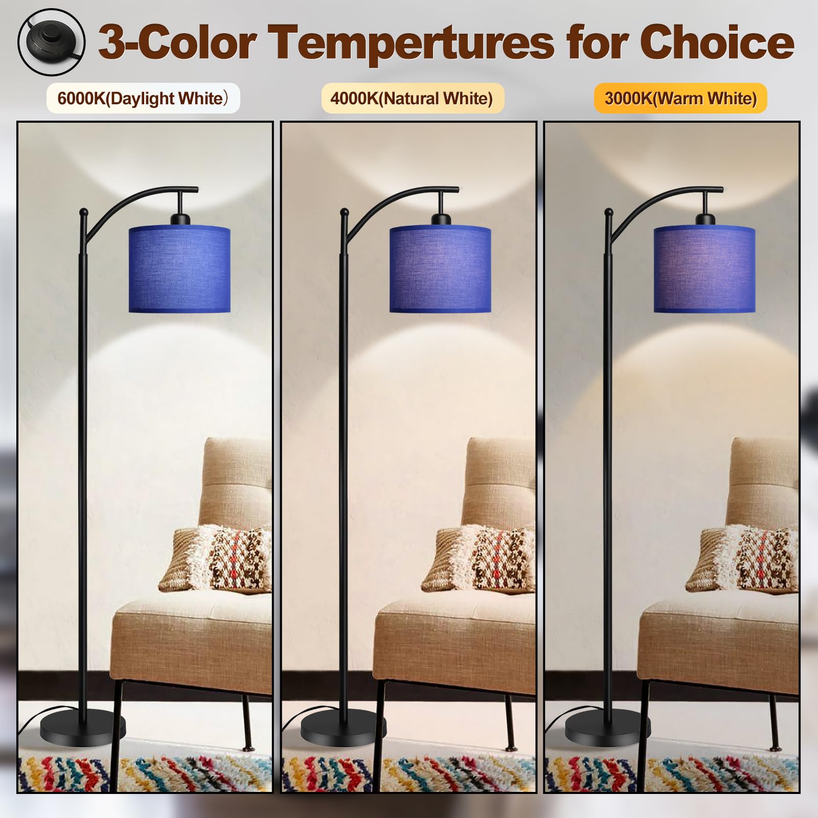 Dllt Arc Floor Lamp With 3 Color Temperatures, Standing Lamp With Linen Shade, Modern Tall Lamp For Living Room, Reading Floor L