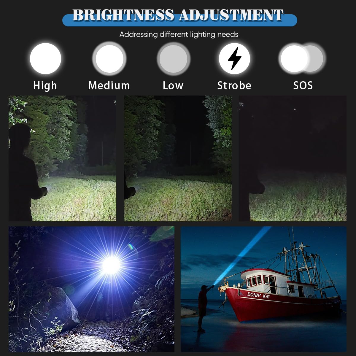 NAKCNM LED Flashlight NF1607 - High Lumens, Rechargeable, Super Bright, Black, with Clip & Digital Display for Home & Hiking