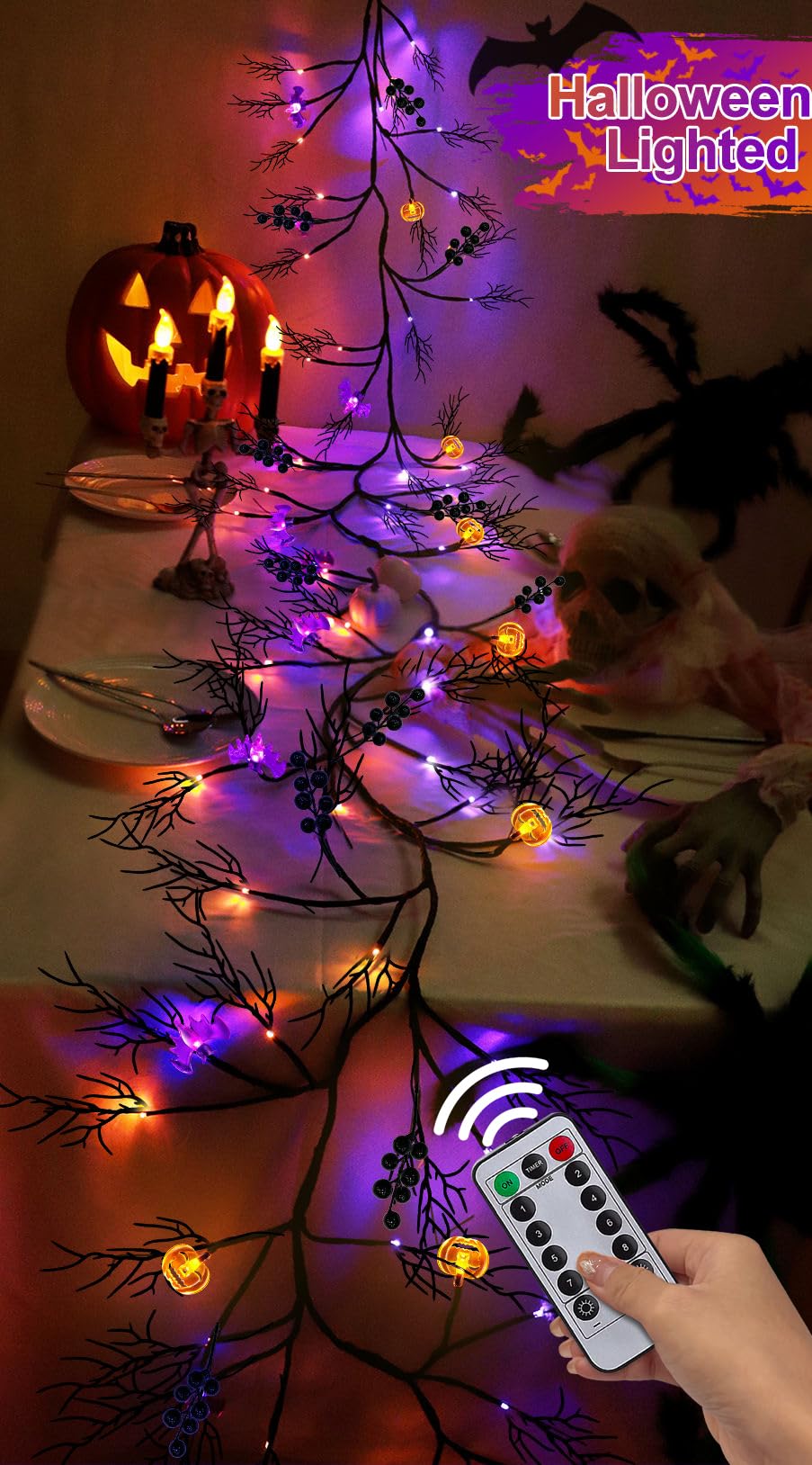 TURNMEON Remote Control Extra Long 9 Ft 72 LED Orange Purple Lights Halloween Willow Twig Decor Halloween Garland Timer 8 Modes