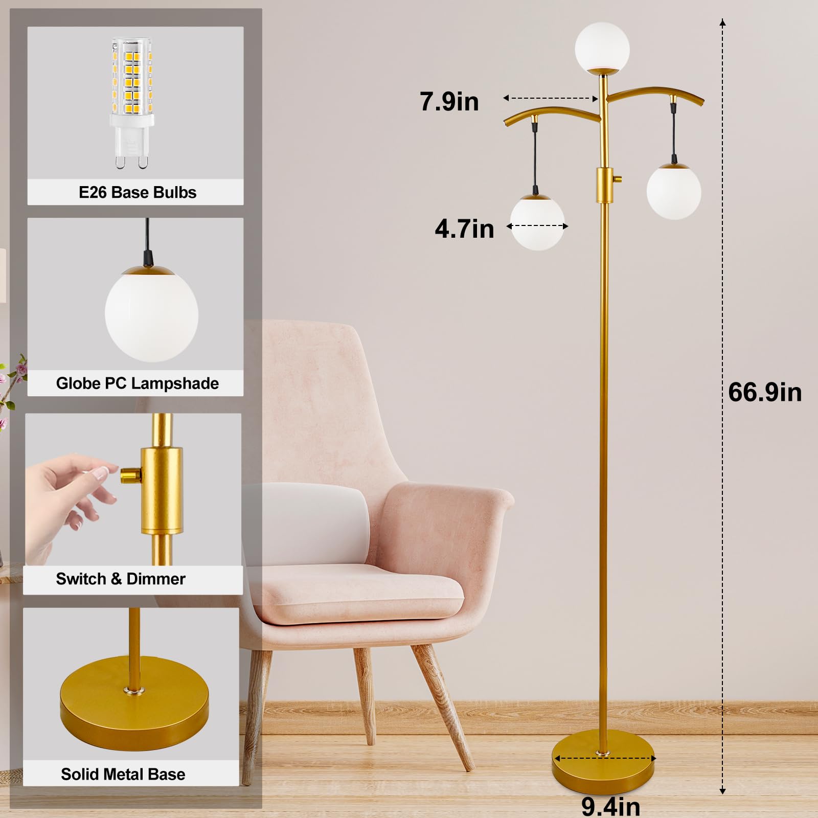 Lightdot 67IN Tree Floor Lamp, Dimmable Vintage Design, Gold Metal, E26 LED Bulbs Included, Model LFLL-95-G